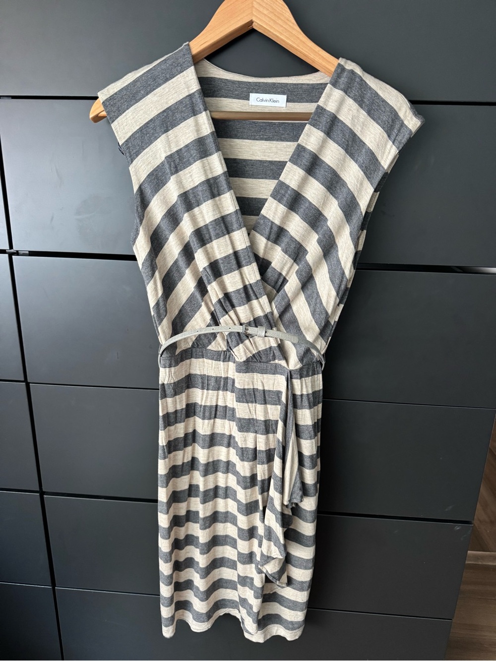 Calvin Klein Sleeveless Striped Wrap Midi Dress in Gray and Cream